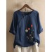 Flower Embroidery O  neck Long Sleeve Button Vintage T  shirts