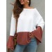 Plus Size Contrast Color One Shoulder Bell Sleeve Knit Sweaters