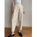 Women Solid Color Pleated Cotton Casual Cropped Pants With Pocket