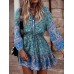 Women Puff Sleeve Floral Printed Lace  Up Button Casual Midi Dresses