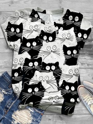 Funny Cartoon Cat Print Women Casual Round Neck Short Sleeve T  Shirts