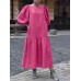 Women Puff Sleeve Calf Length Solid Color Buttons Casual Midi Dresses