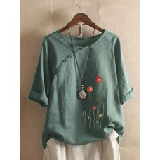 Flower Embroidery O  neck Long Sleeve Button Vintage T  shirts