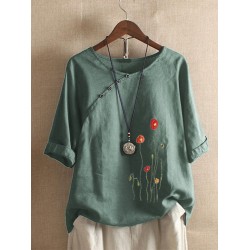 Flower Embroidery O  neck Long Sleeve Button Vintage T  shirts