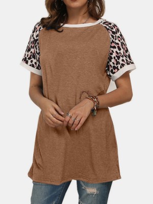 Leopard Patchwork O  neck Short Sleeves Casual T  shirts